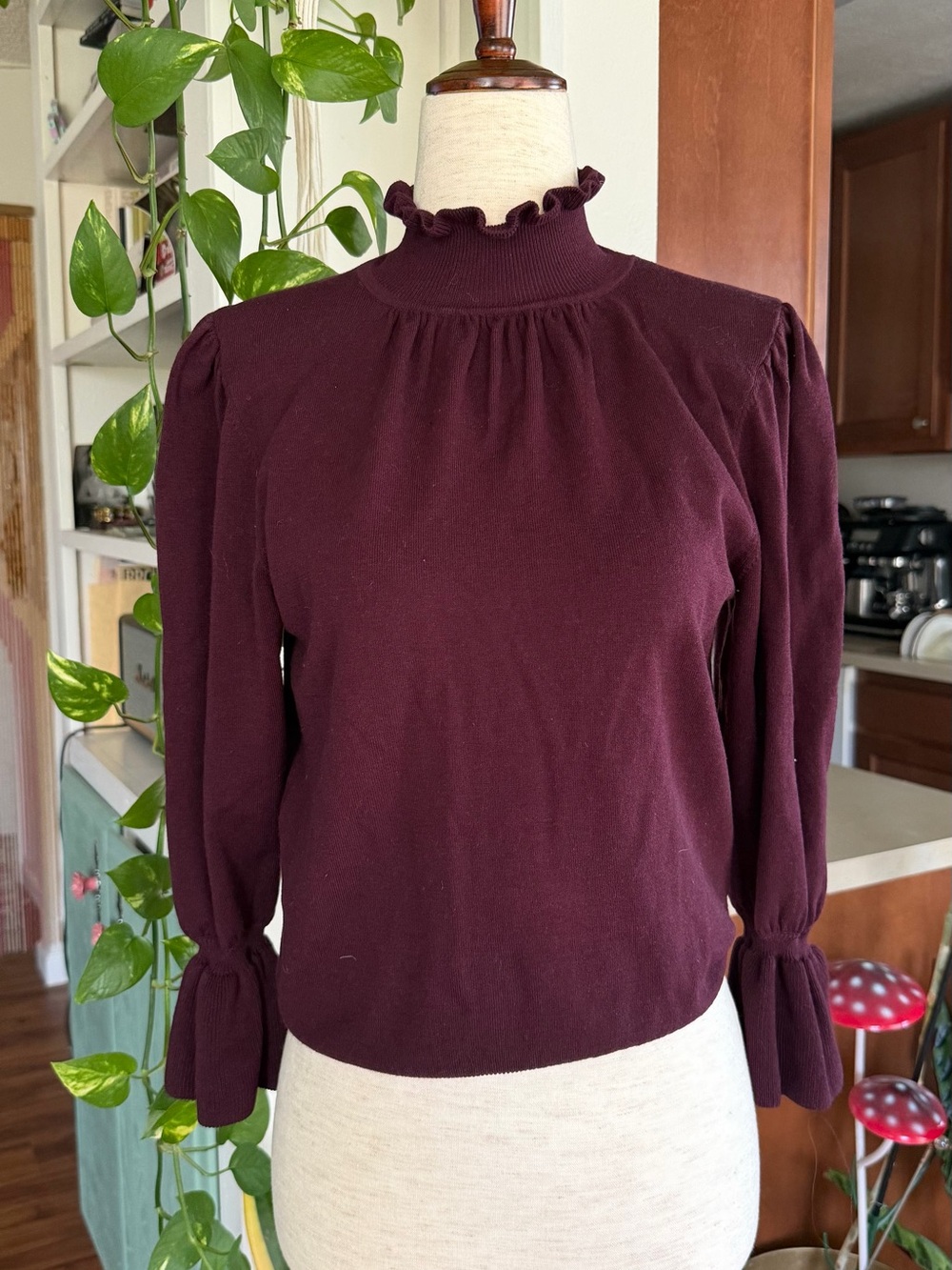 ba&sh Burgundy Ruffle Mock Neck Long Sleeve Top